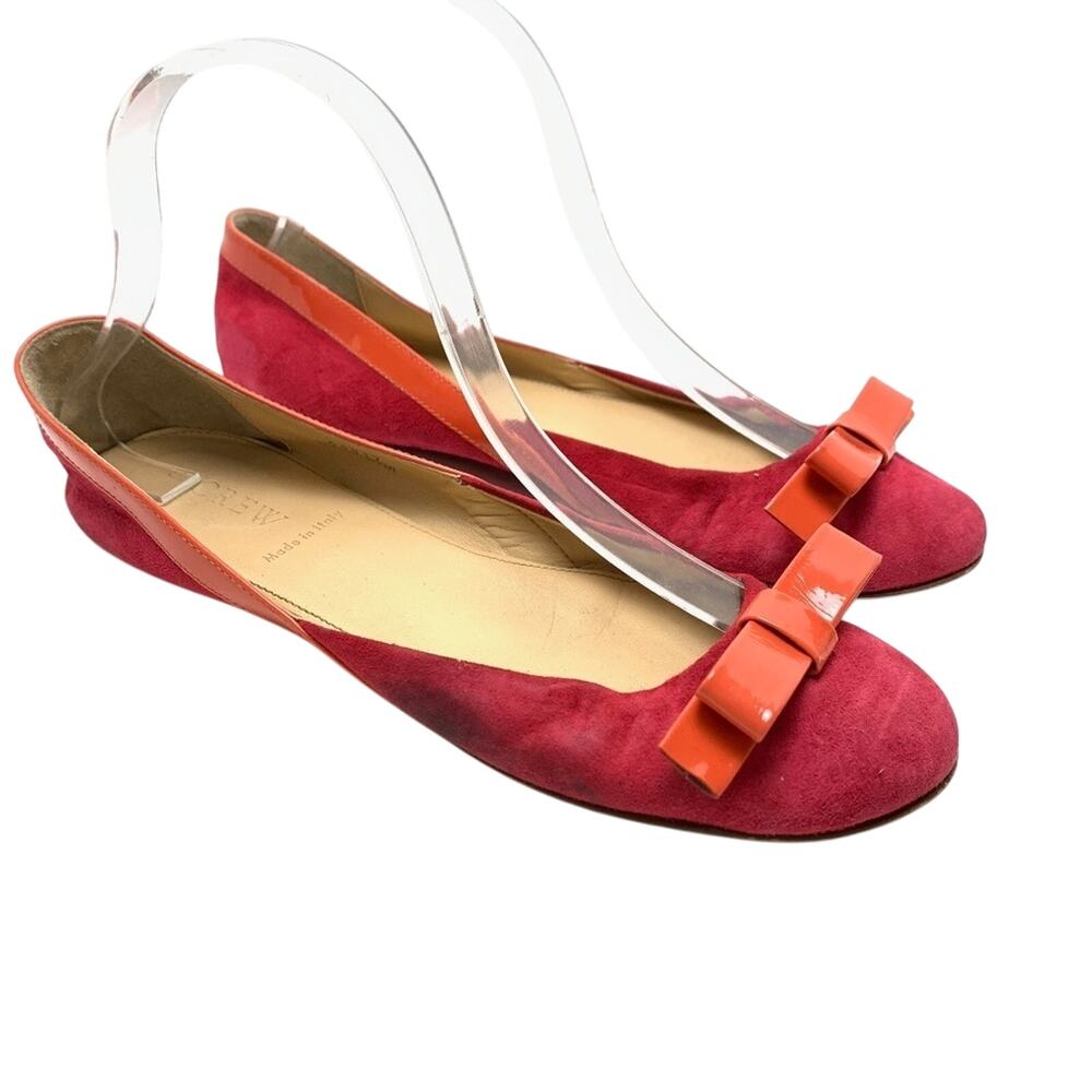 J CREW Made In ITALY Pink Orange Genuine Leather Suede Flats Bow Toe Shoes 6.5